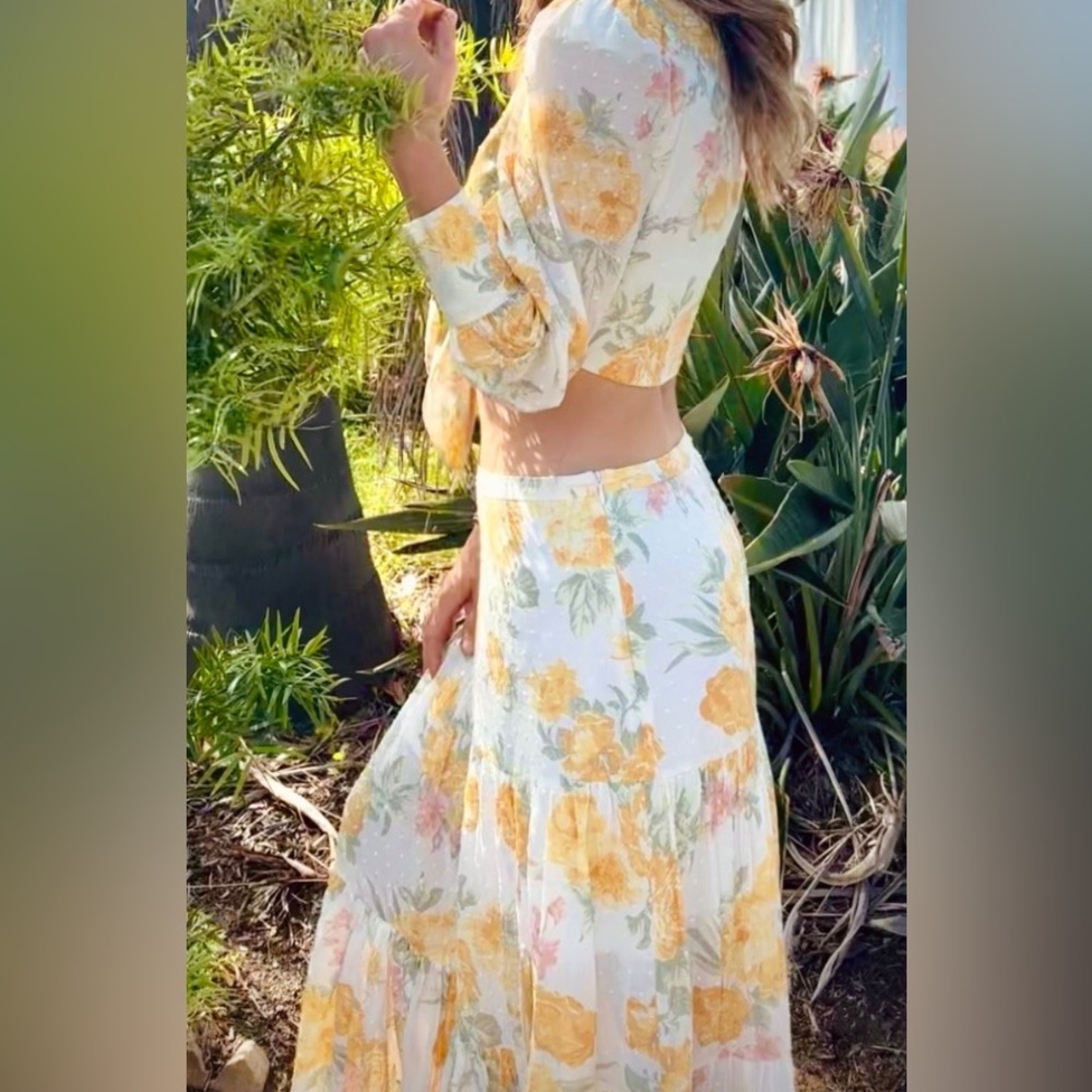 Wayf Yellow Gold tie front top & Maxi A-Line Skirt with a slit